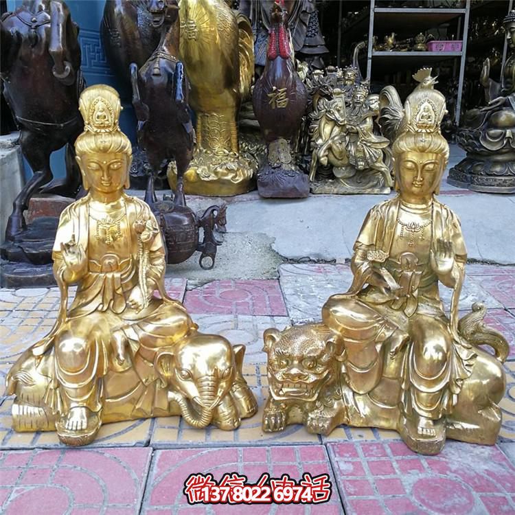 铜雕寺庙供奉佛像文殊普贤雕塑