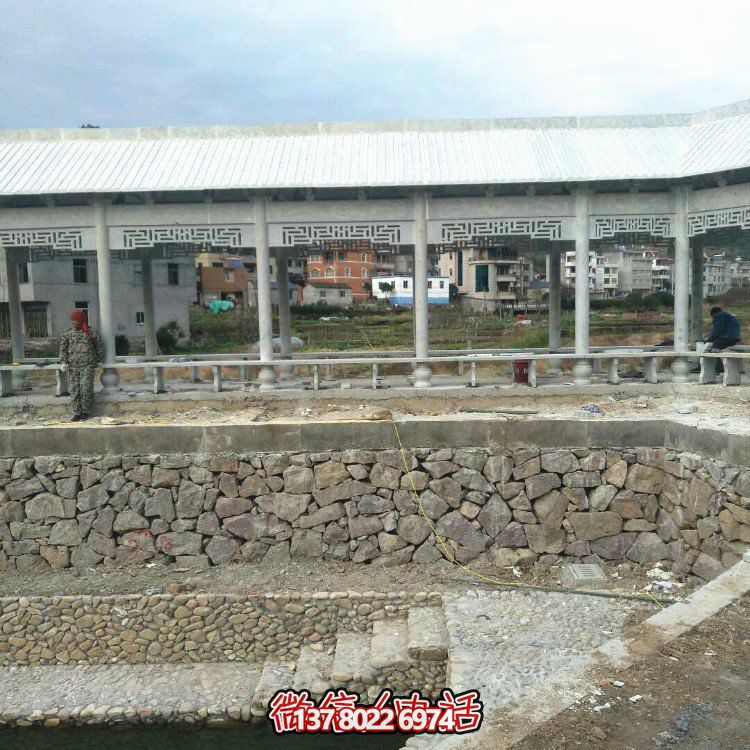 石雕中式长廊凉亭村庄池塘边装饰石头凉亭景观雕塑