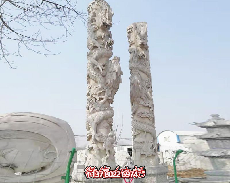 园林景区摆放大理石盘龙柱雕塑