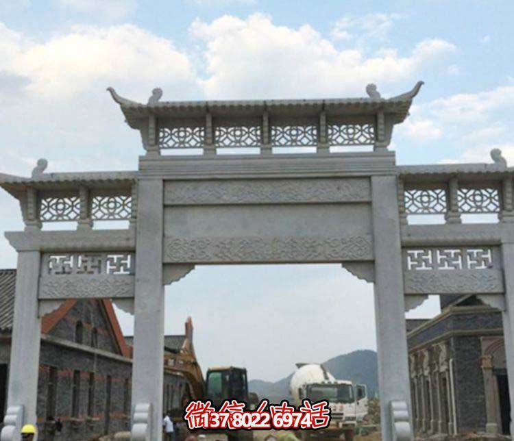 古镇新中式镂空三门大理石牌坊石雕 古镇新中式镂空三门大理石牌坊石雕