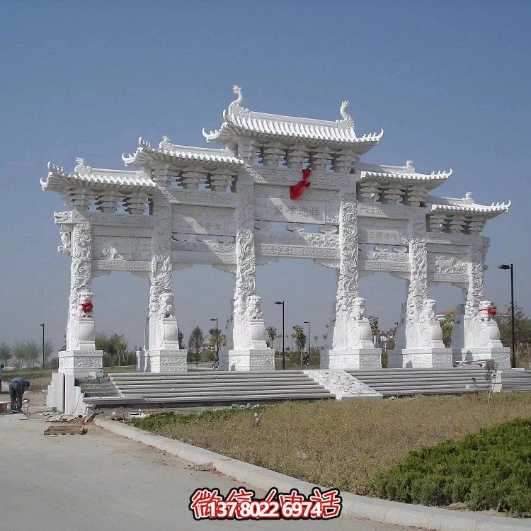 汉白玉优质天然石材浮雕龙纹五门牌坊石雕