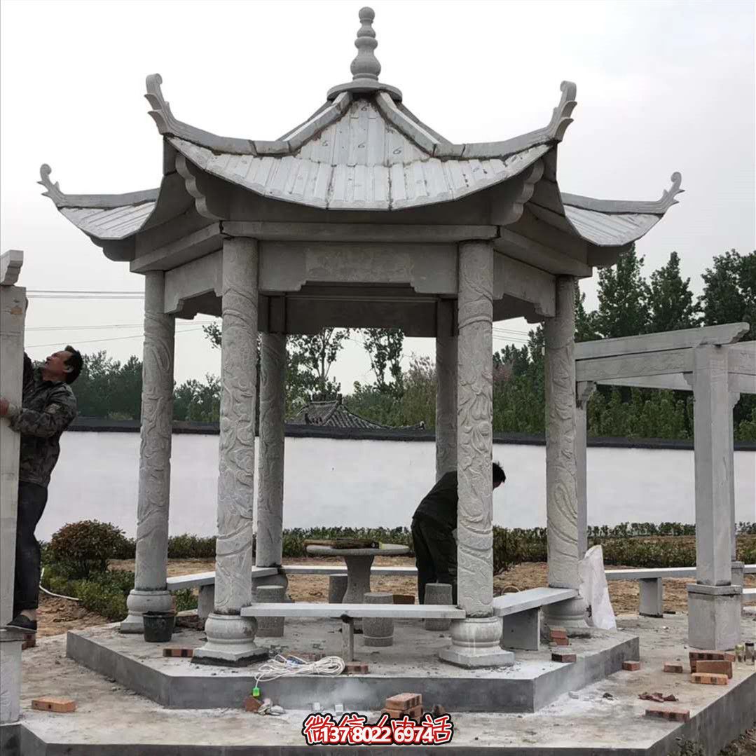 公园庭院摆放仿古建筑六角雕刻长廊休闲凉亭