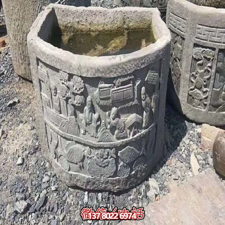 庭院石雕水缸青石做旧仿古浮雕缸雕塑 庭院石雕水缸青石做旧仿古浮雕缸雕塑