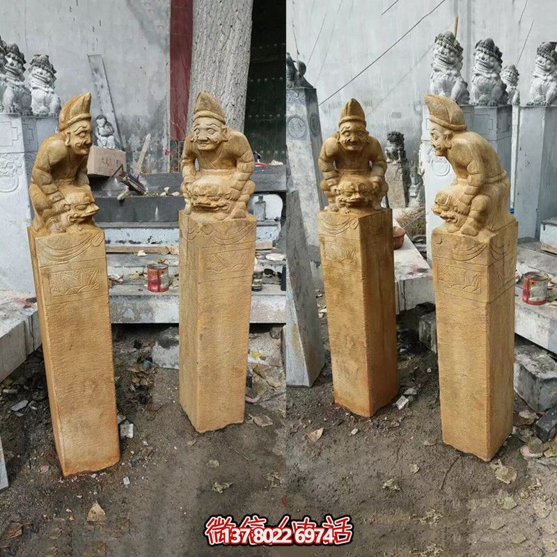 人物浮雕做旧仿古庭院门前摆放拴马柱摆件 人物浮雕做旧仿古庭院门前摆放拴马柱摆件