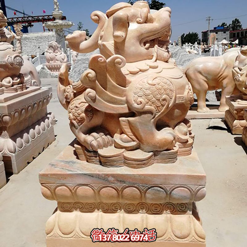 户外园林大型仿真晚霞红石雕麒麟雕塑 户外园林大型仿真晚霞红石雕麒麟雕塑