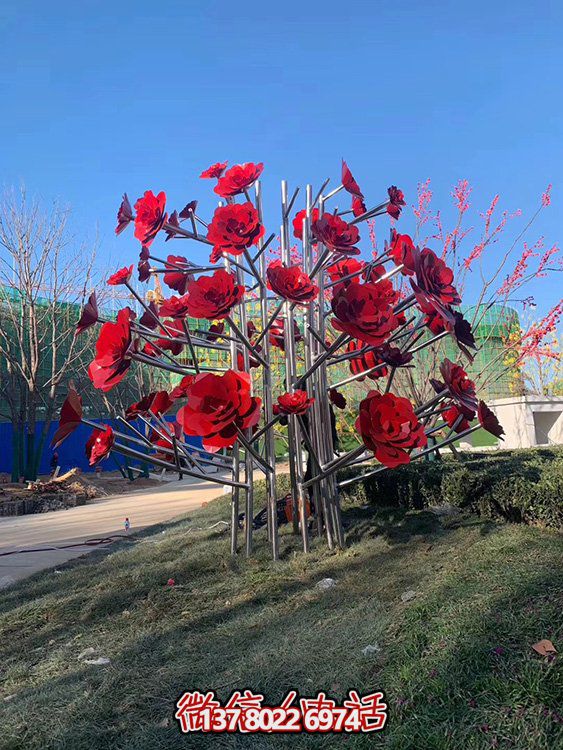 户外广场大型不锈钢彩绘玫瑰花景观摆件