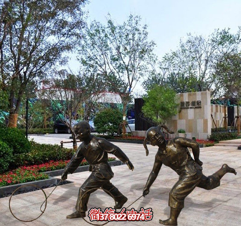 公园铜雕滚铁环的儿童雕塑 公园铜雕滚铁环的儿童雕塑