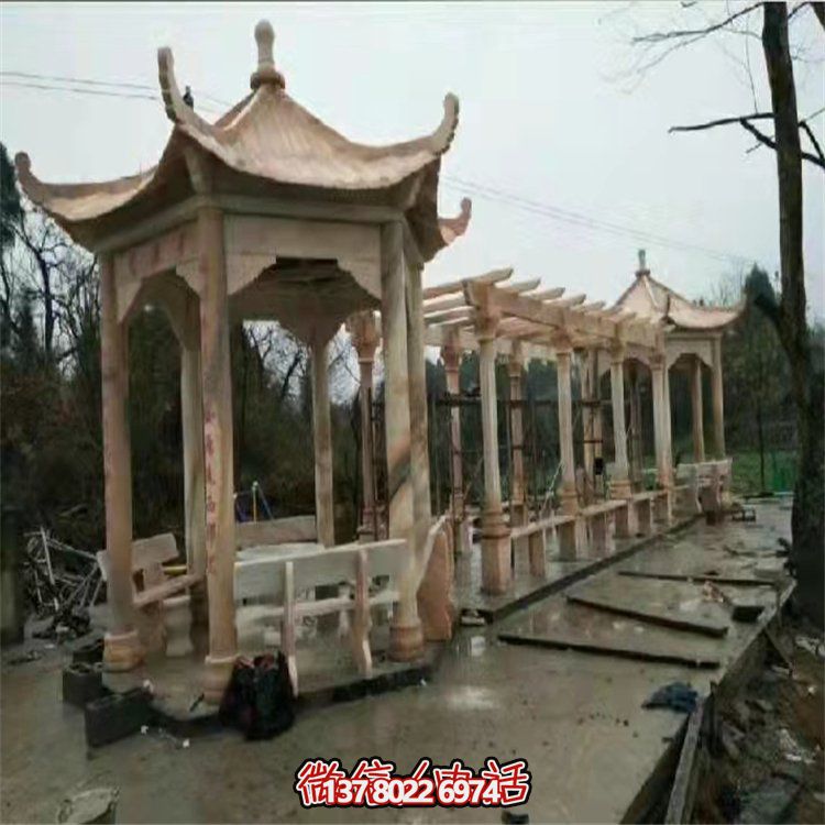 公园天然石材晚霞红雕刻长廊花架仿古六角石凉亭