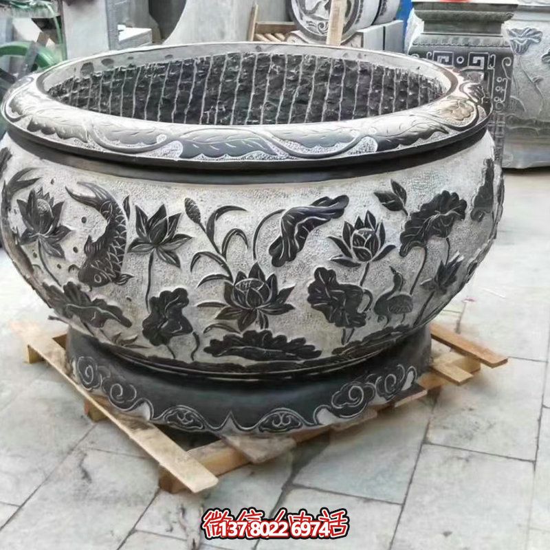 青石石雕浮雕莲花鲤鱼庭院摆件花盆雕塑 青石石雕浮雕莲花鲤鱼庭院摆件花盆雕塑