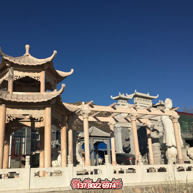 晚霞红长廊凉亭二层顶盖花园广场摆放雕塑 晚霞红长廊凉亭二层顶盖花园广场摆放雕塑