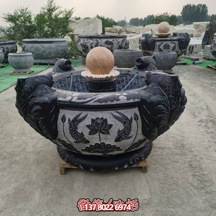 家用圆形造景流水养鱼荷花缸青石雕刻石头盆