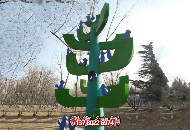 公园小区抽象大树和小鸟不锈钢雕塑