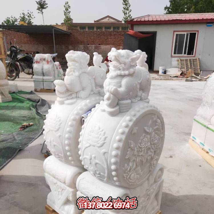 景区庭院汉白玉浮雕小象石鼓貔貅狮子石鼓门墩