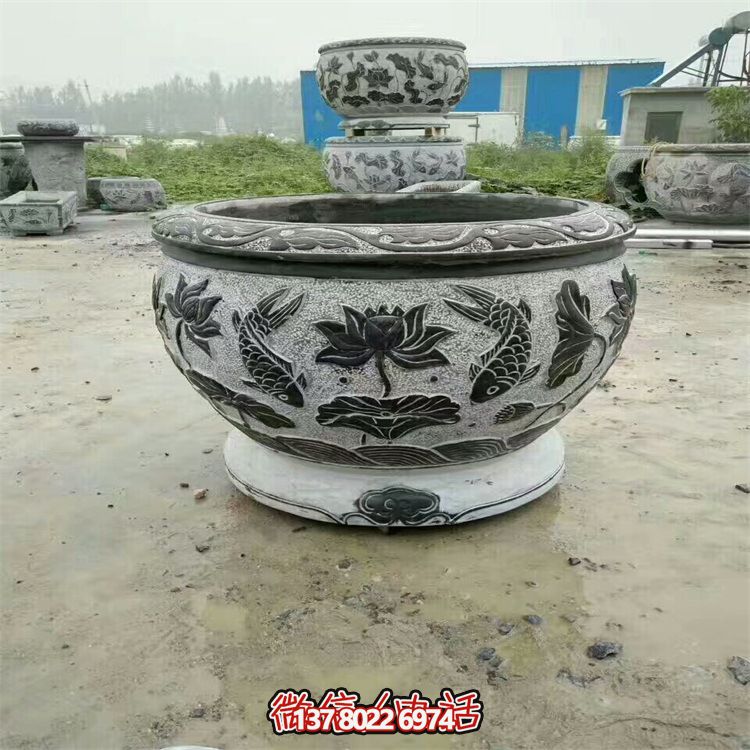 庭院青石石雕双鱼莲花花盆雕塑 庭院青石石雕双鱼莲花花盆雕塑