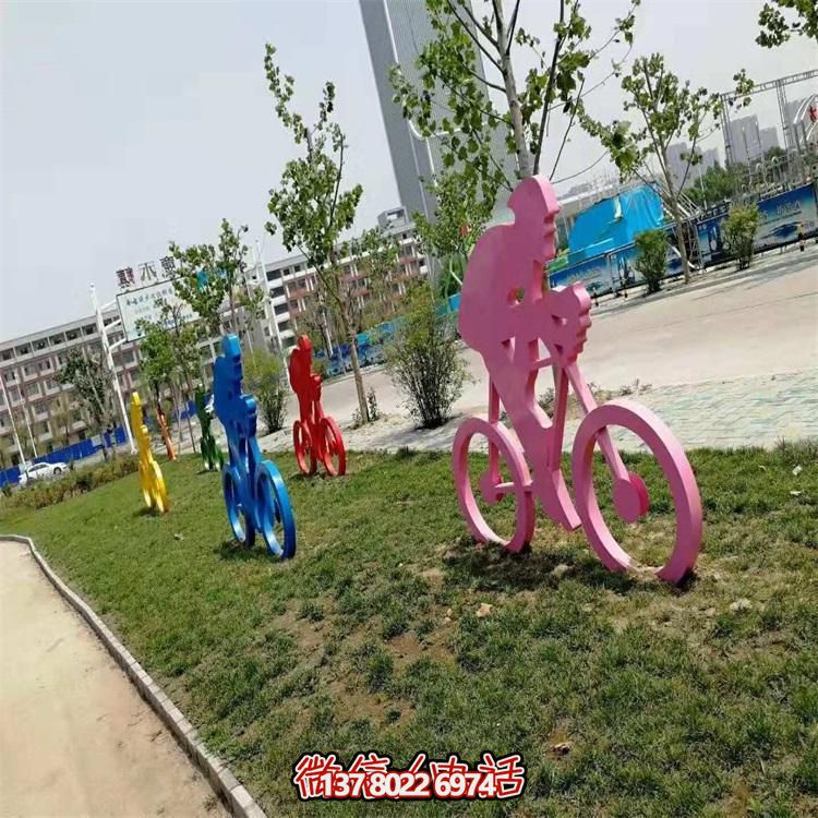 校园不锈钢铁艺骑自行车运动主题人物雕塑