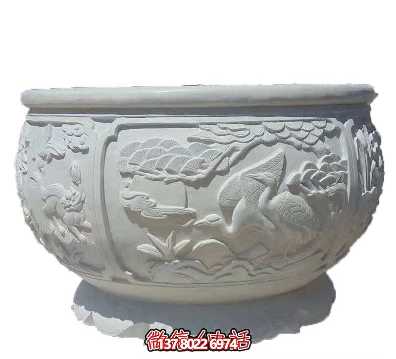 汉白玉松鹤延年浮雕庭院缸雕塑 汉白玉松鹤延年浮雕庭院缸雕塑