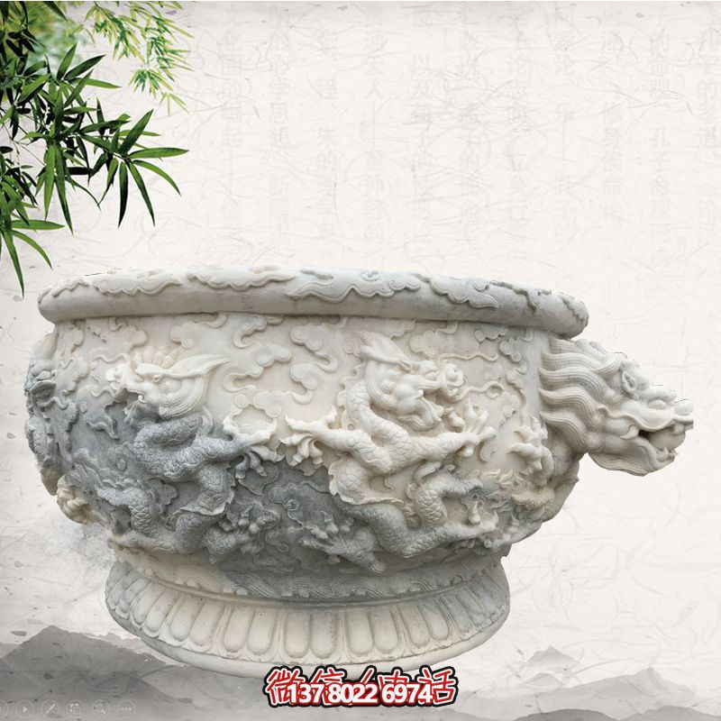 汉白玉摆件石雕浮雕龙缸雕塑 汉白玉摆件石雕浮雕龙缸雕塑
