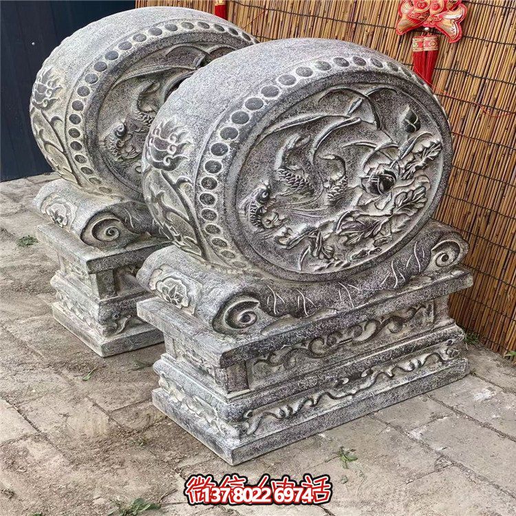 花岗岩雕刻鲤鱼牡丹花纹抱鼓石门墩景点门前摆件