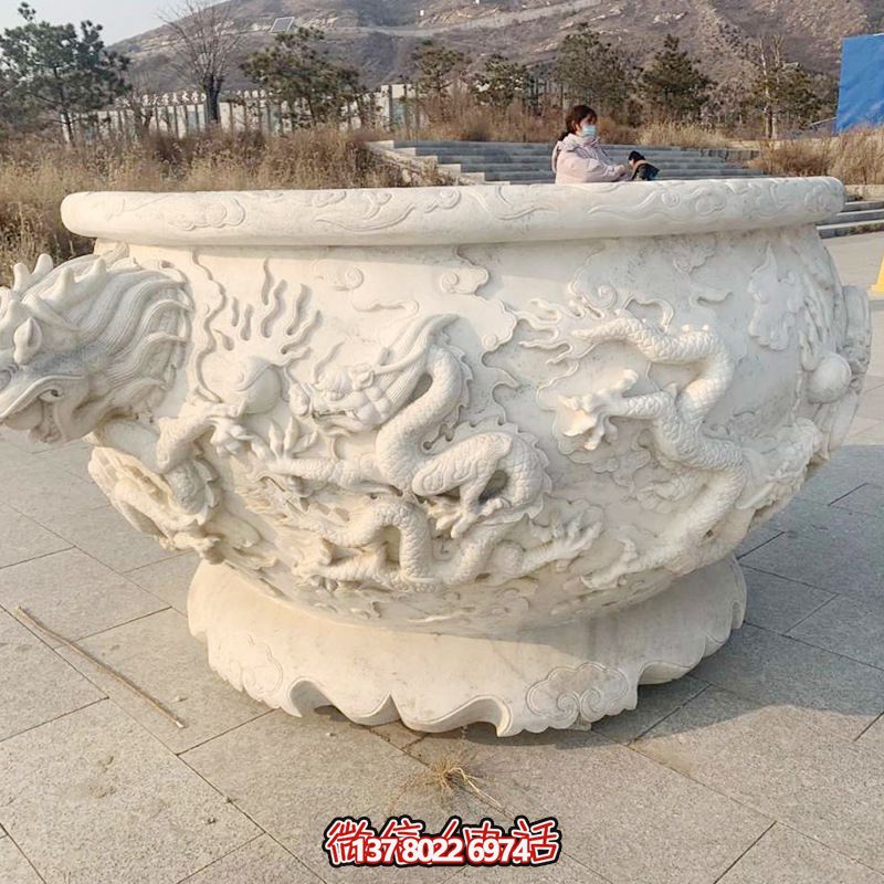 户外庭院汉白玉石雕龙浮雕缸雕塑 户外庭院汉白玉石雕龙浮雕缸雕塑
