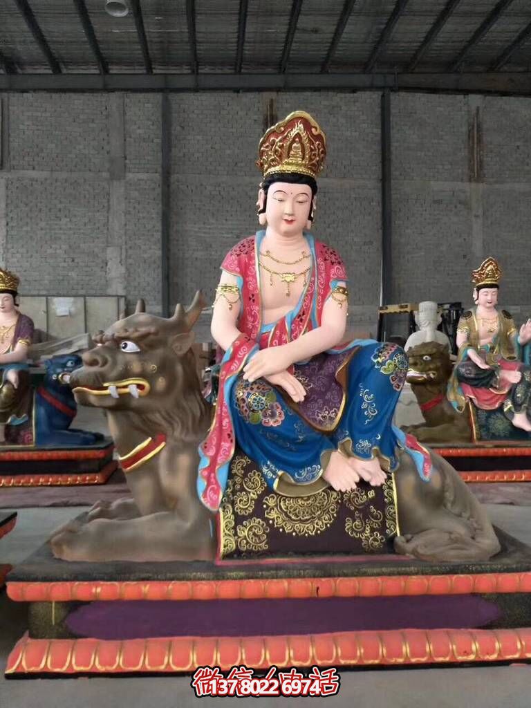 景区玻璃钢坐在神兽上的菩萨文殊普贤雕塑