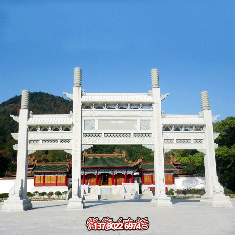 寺庙门前摆放汉白玉三门无楼石柱牌坊 寺庙门前摆放汉白玉三门无楼石柱牌坊
