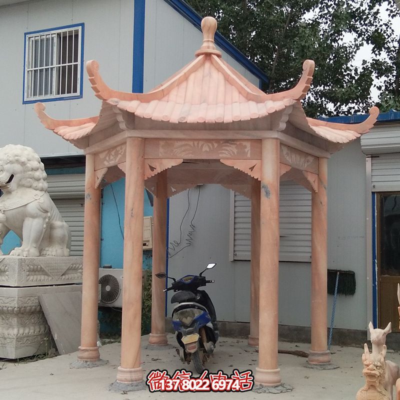 花园草坪摆放大理石晚霞红六角仿古建凉亭 花园草坪摆放大理石晚霞红六角仿古建凉亭