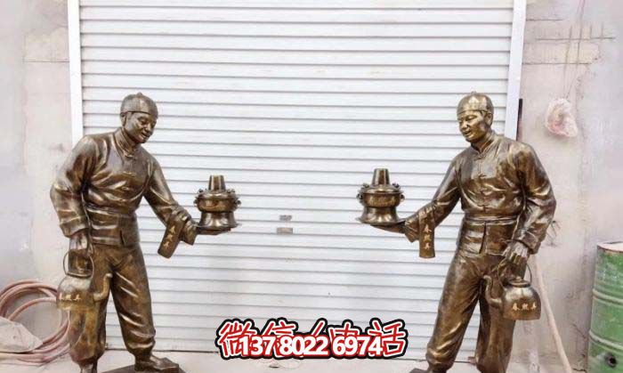 火锅雕塑-饭店门口卖火锅人物彩绘玻璃钢仿铜雕塑