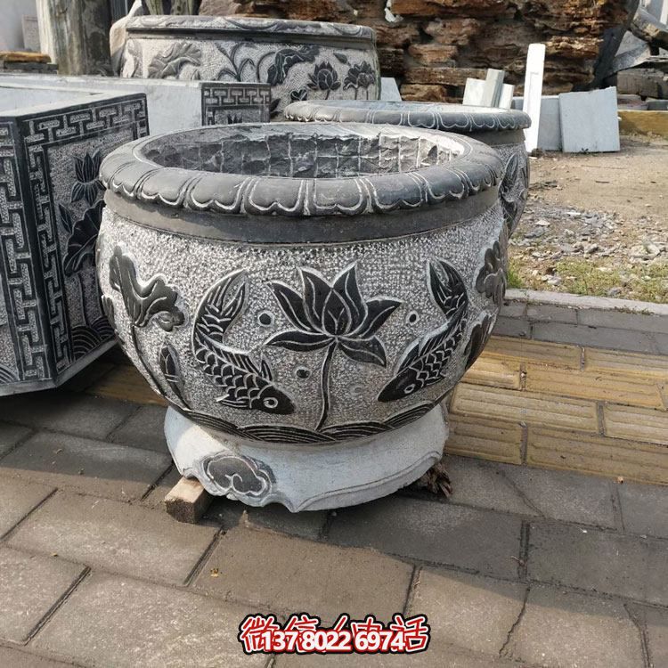 别墅庭院仿古鱼缸青石做旧圆鱼缸摆件青石花盆雕塑