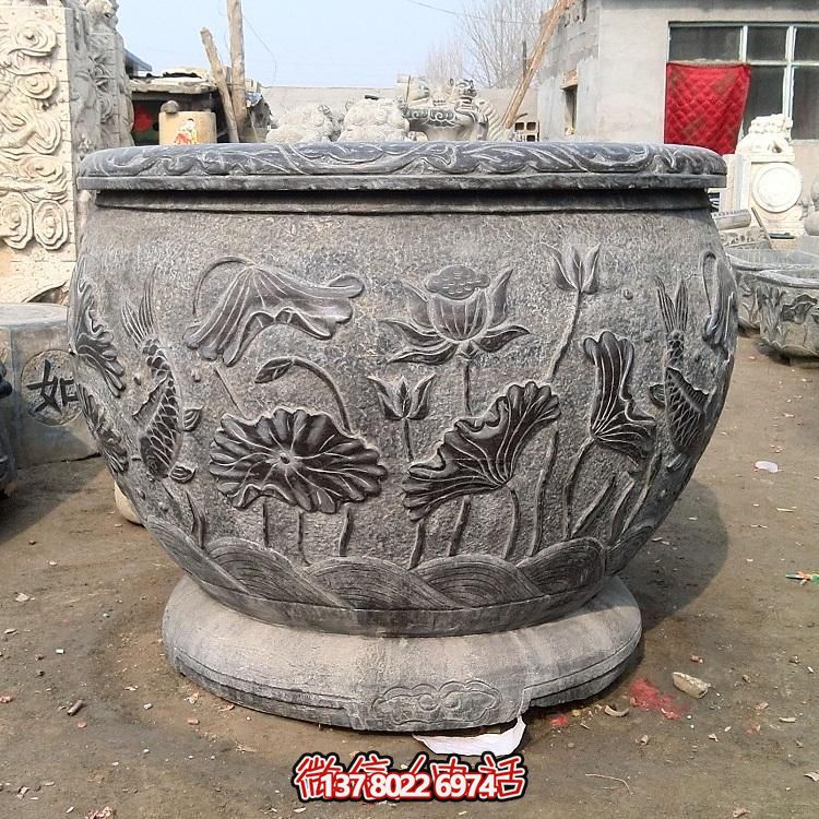 庭院小区摆放仿古大理石雕刻荷花龙纹鱼缸