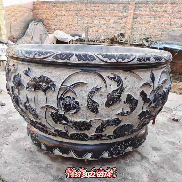 大理石浮雕荷花养鱼缸中式庭院别墅景观摆件