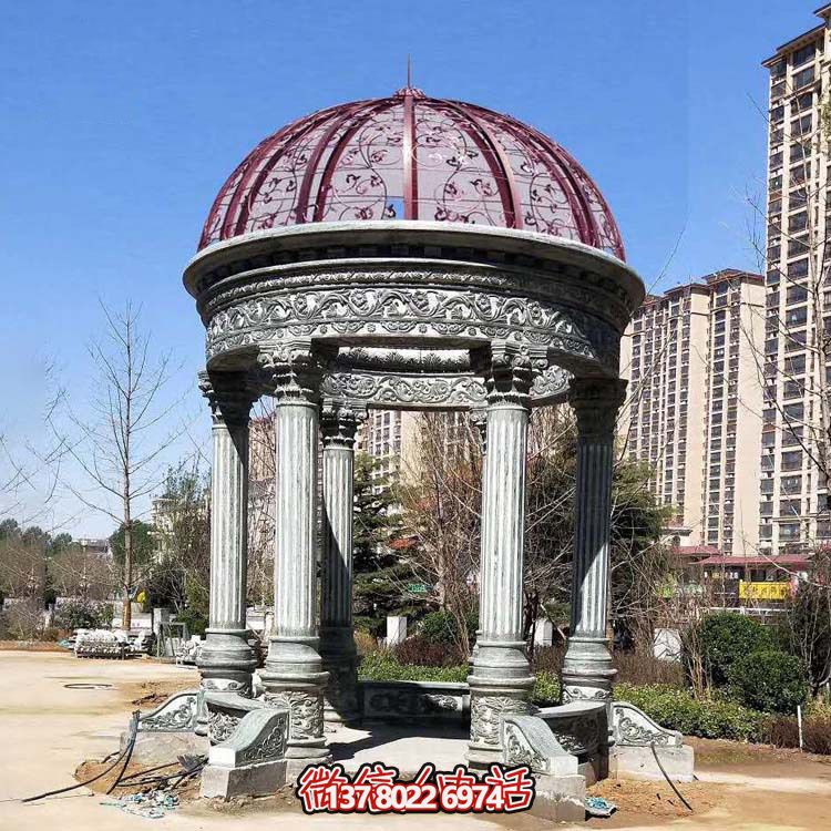 小区花园摆放青石雕刻镂空铁艺圆形欧式凉亭雕塑 小区花园摆放青石雕刻镂空铁艺圆形欧式凉亭雕塑