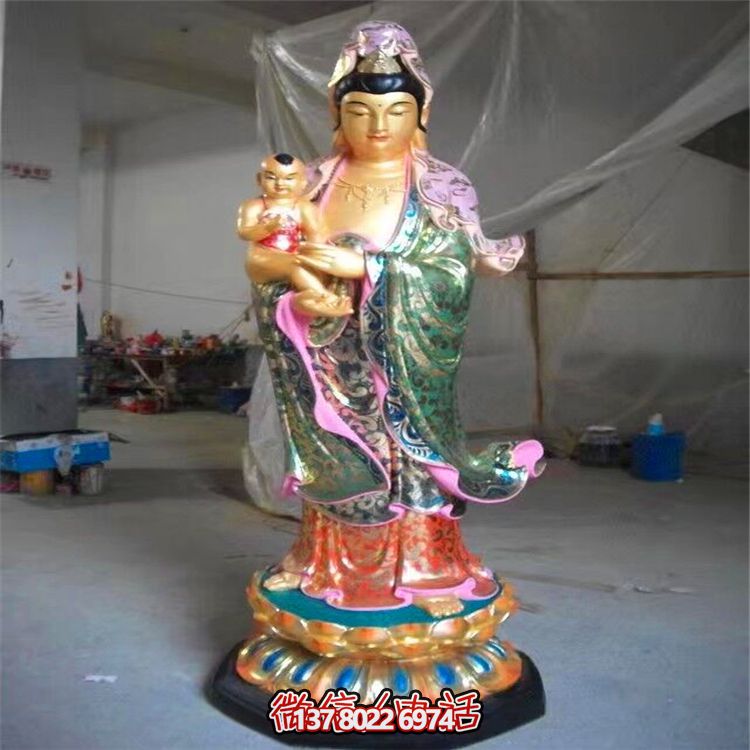 景点寺庙玻璃钢彩绘送子观音雕塑 景点寺庙玻璃钢彩绘送子观音雕塑