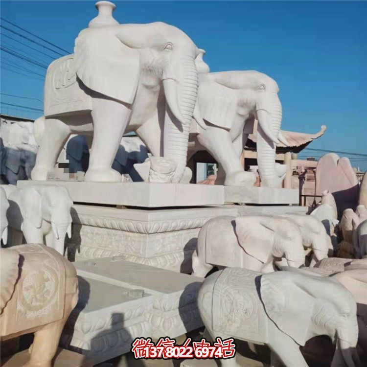 汉白玉石雕大象拖瓶寓意吉祥太平景点大门装饰摆件
