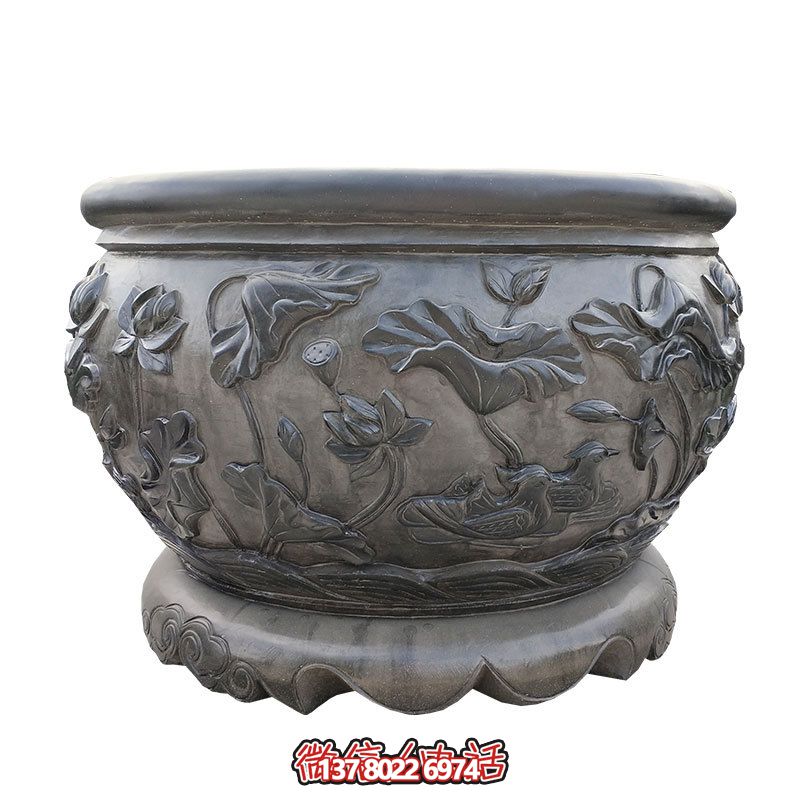 仿古水缸浮雕荷花庭院水池缸石头圆缸室外石水槽 仿古水缸浮雕荷花庭院水池缸石头圆缸室外石水槽