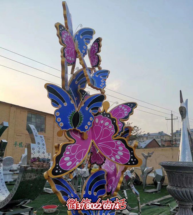 园林户外不锈钢彩绘群飞的蝴蝶雕塑