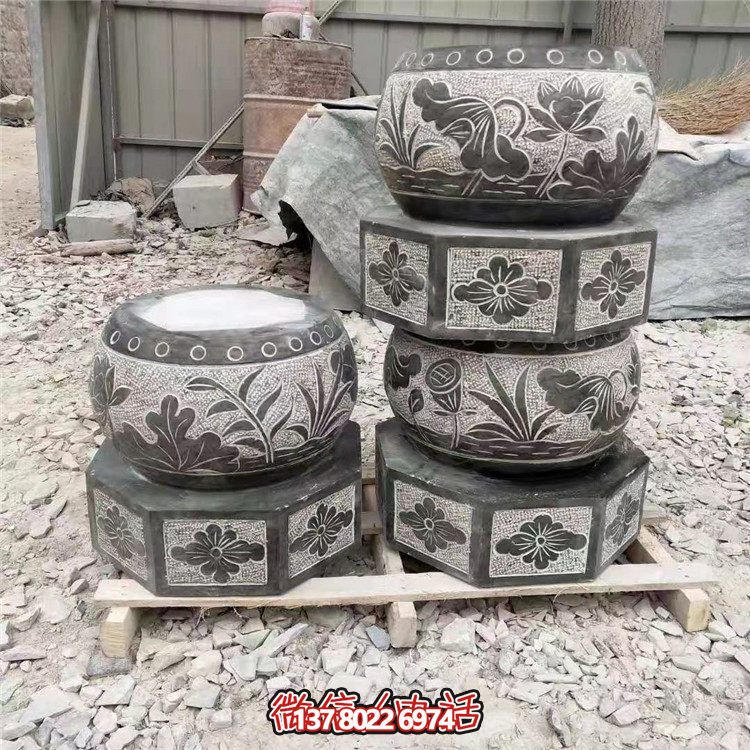 石雕花盆中式荷花鱼缸庭院别墅仿古家用摆件