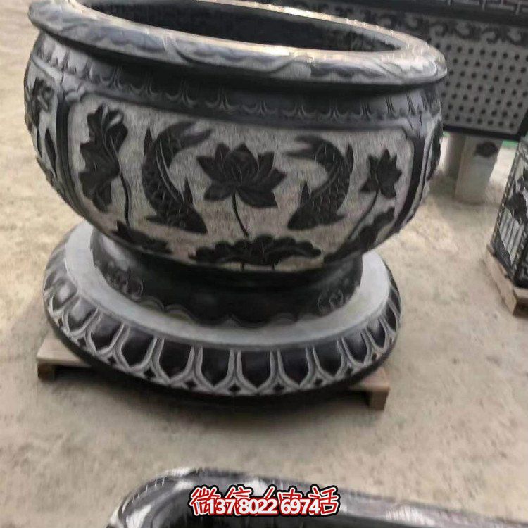 花园摆放青石荷花鲤鱼水缸阳台花盆鱼缸