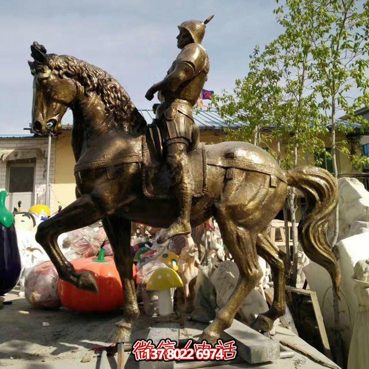 公园广场摆放玻璃钢仿铜古代骑马将军人物雕塑