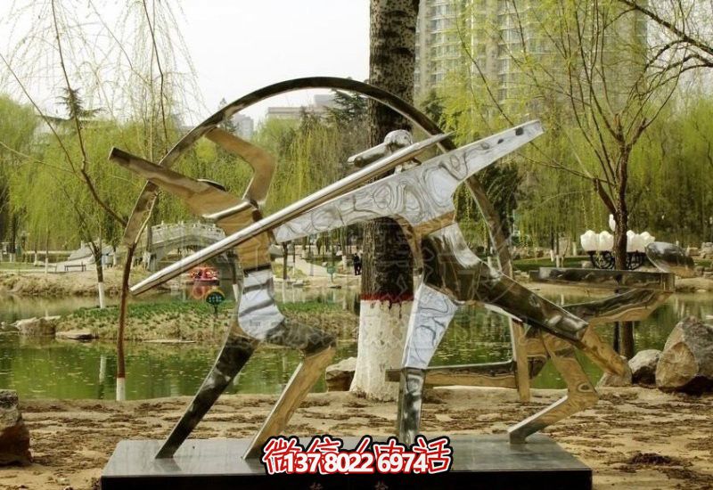 公园湖边摆放不锈钢抽象标枪运动员雕塑 公园湖边摆放不锈钢抽象标枪运动员雕塑
