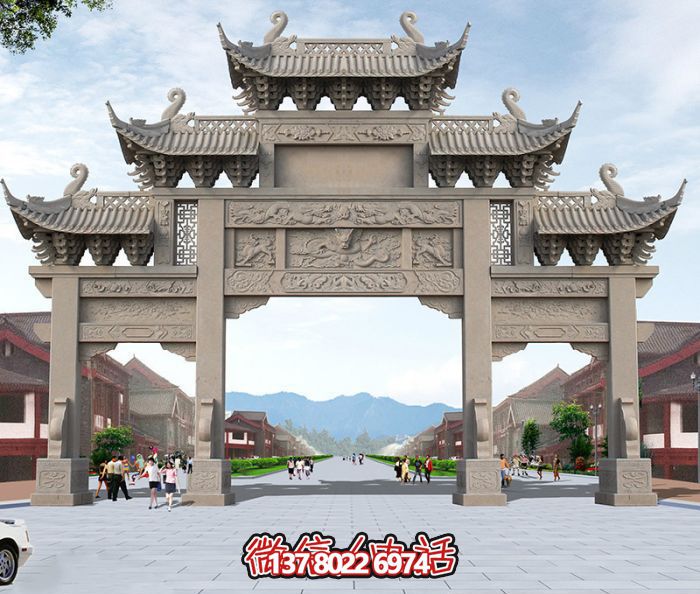 广场景观大理三门五楼石牌楼石雕