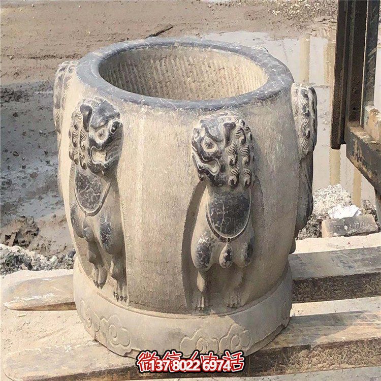 庭院青石仿古雕刻狮子养鱼石缸摆件