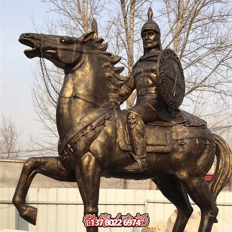 西方古代的骑马士兵铜雕，手持盾牌骑马身上的西方战士