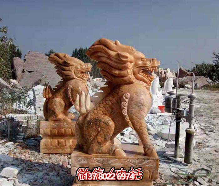 晚霞红石雕庭院别墅镇宅神兽麒麟雕塑 晚霞红石雕庭院别墅镇宅神兽麒麟雕塑