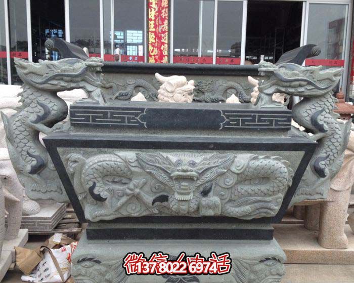 仿古青石双龙方形平口寺庙香炉摆件 仿古青石双龙方形平口寺庙香炉摆件