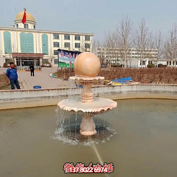庭院水池装饰晚霞红雕刻二层流水风水球雕塑