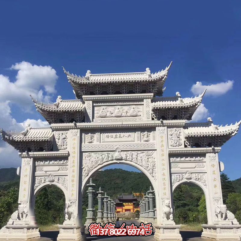 大型汉白玉寺院景区三门石雕牌楼 大型汉白玉寺院景区三门石雕牌楼