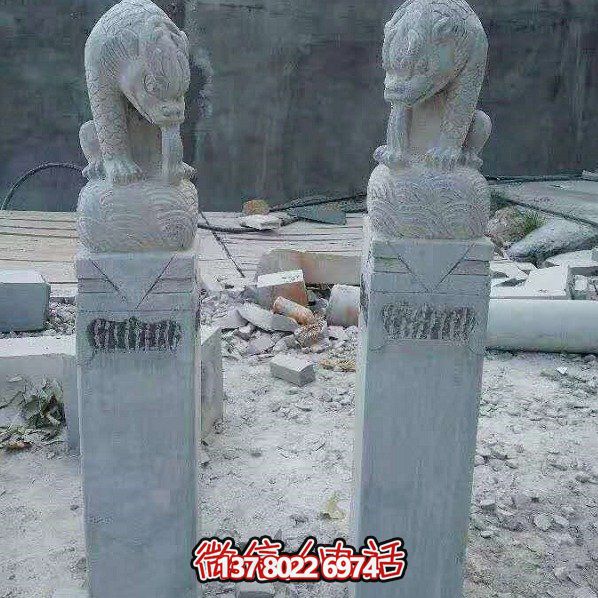 园林庭院中式仿古青石狮子拴马柱装饰摆件
