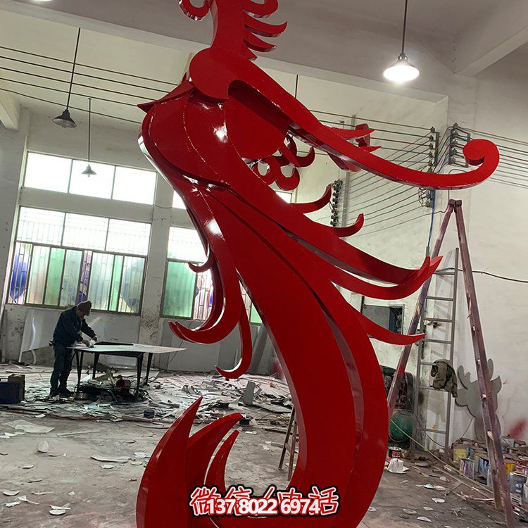 抽象不锈钢红色凤凰雕塑