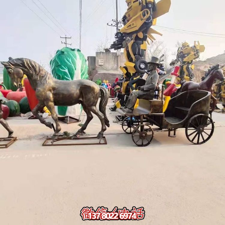 玻璃钢仿铜欧式马拉车雕塑旅游景点步行街摆件