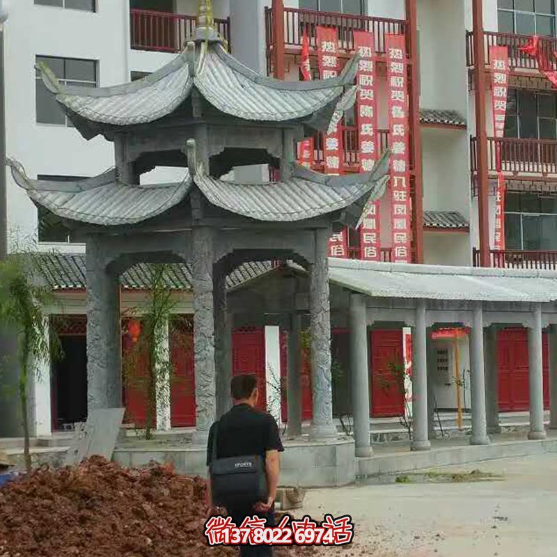 景区庭院摆放青石雕刻长廊双层休闲凉亭